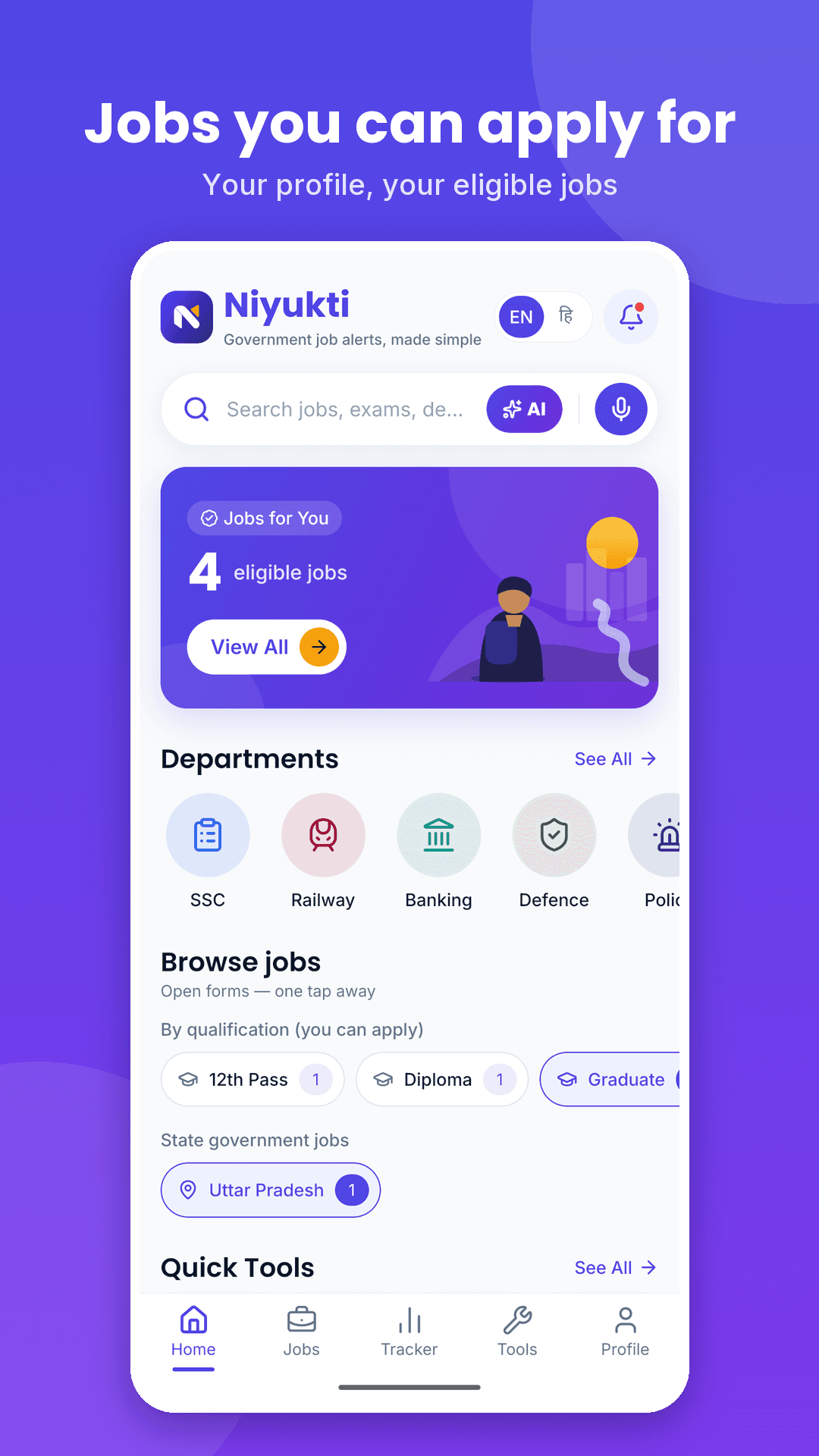 Niyukti app home screen showing eligible jobs, departments and filters